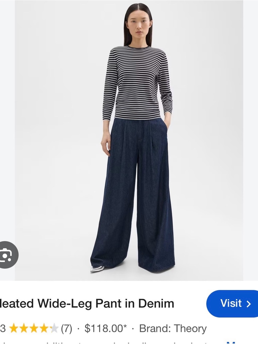 Theory Navy Wide-Leg Pleated Denim Trousers